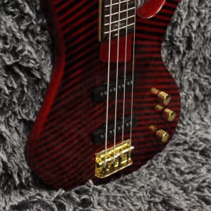 Defrancesco 4 string bass, red & black stripes, bird inlays, Jazz pickups + hard shell case image 3