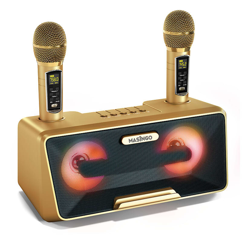 MASINGO Karaoke Machine for Adults and Kids with 2 UHF Wireless Microphones, Portable Bluetooth Singing Speaker, Colorful LED Lights, PA System, Lyrics Display Holder & TV Cable - Presto G2 Gold image 1