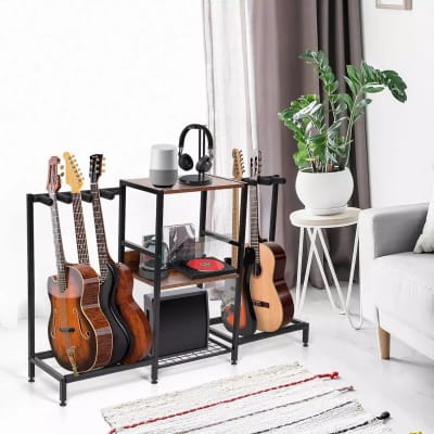 3-Tier Guitar Stand with Storage Shelves | Multi-Guitar Display Rack for Acoustic, Electric, Bass, Ukulele & Accessories – Ideal for Studios, Homes, and Music Rooms image 1