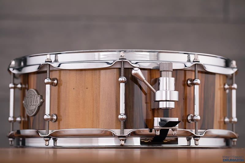 EVETTS 14 X 5 TASMANIAN BLACKWOOD SNARE DRUM, BLACKHEART SASSAFRAS VERTICAL  GLOSS VENEER