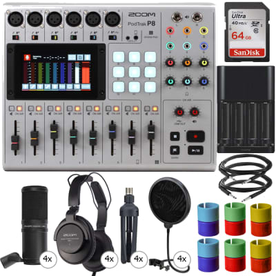 Zoom PodTrak P8 Portable Multitrack Podcast Recorder + 4x Zoom ZDM