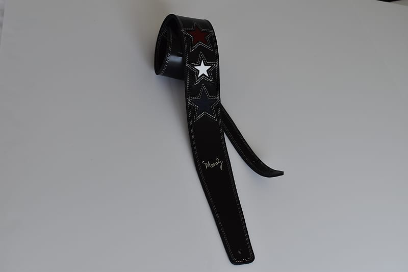 Moody Leather 2.5 Black/Black Leather with Three Star's-Red/White/Blue  Standard Guitar Strap