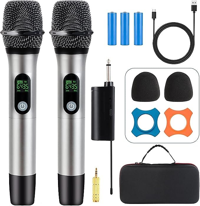 Rechargeable Wireless Microphone System - Dual UHF Metal Handheld Mics for Karaoke, Weddings, Parties, Speeches - Long Range (200ft), Cordless Dynamic Mic Kit, Plug and Play (Dual Microphone Set) image 1