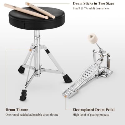 Drum Set 14'' For Kids Beginners,3 Piece With Bass Tom Snare Drum,Adjustable Throne, Cymbal, Pedal & Two Pairs Of Drumsticks, Metallic All Black image 5