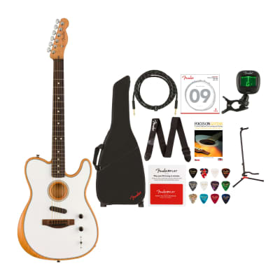 Fender Acoustasonic Player Telecaster 6-String Acoustic Guitar (Right-Hand, Arctic White) with Guitar Bag, Instrument Cable, Guitar Stand, Clip-On Tuner, Steel Strings (3-Pack) Bundle image 1