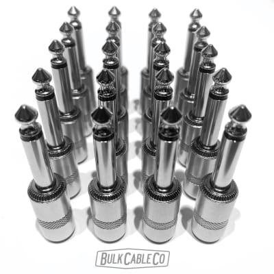 20 Pack - BulkCableCo 1/4" Straight Short Body Connectors - DIY Patch Cables - For Guitar Pedal Boards & Effect Switchers - Silver/Silver - MALE TS MONO - Stubby End