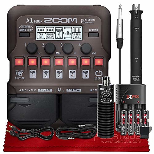 Zoom A1 FOUR Acoustic Instrument Multi-Effect Processor + MXL DX-2  Dual-Capsule Guitar Microphone, XPIX AA Batteries With Travel Quick  Charger, Cables 