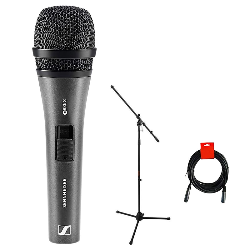 Sennheiser E835-S Dynamic Cardioid Vocal Microphone (on/off switch) with  Tripod Mic Stand & XLR-XLR Cable Bundle