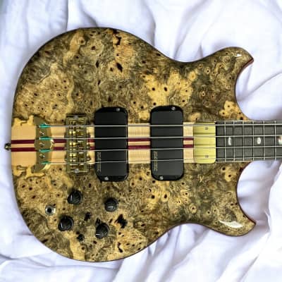Alembic Stanley Clarke Signature Deluxe, Buckeye Burl with Ebony and Red / Blue LED's for sale