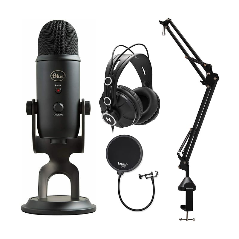 Blue Yeti Microphone (Blackout) with Knox Gear Pop Filter and 3.0 4 Port  USB Hub 