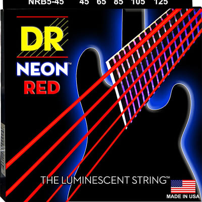 DR NRB5-45 5 string Hi-Def Neon Red Coated Bass Guitar Strings 45-125 MED  Neon Red