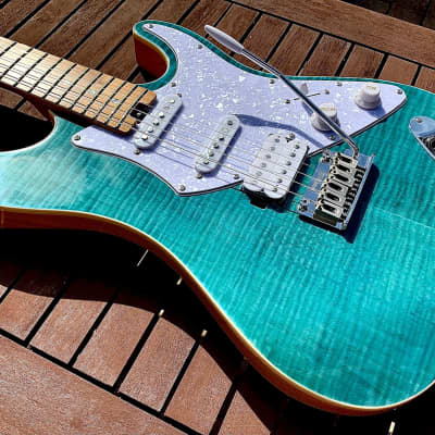 Immagine Aria Pro II 714-MK2 TQBL FULLERTON Turquoise Blue Flame Top Guitar *Demo Video Inside* - 2