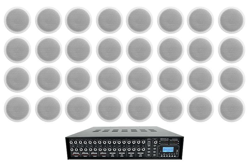 Rockville 4-Zone Multi Room Audio System w/ (32) 6&quot; 70v White Ceiling Speakers  			