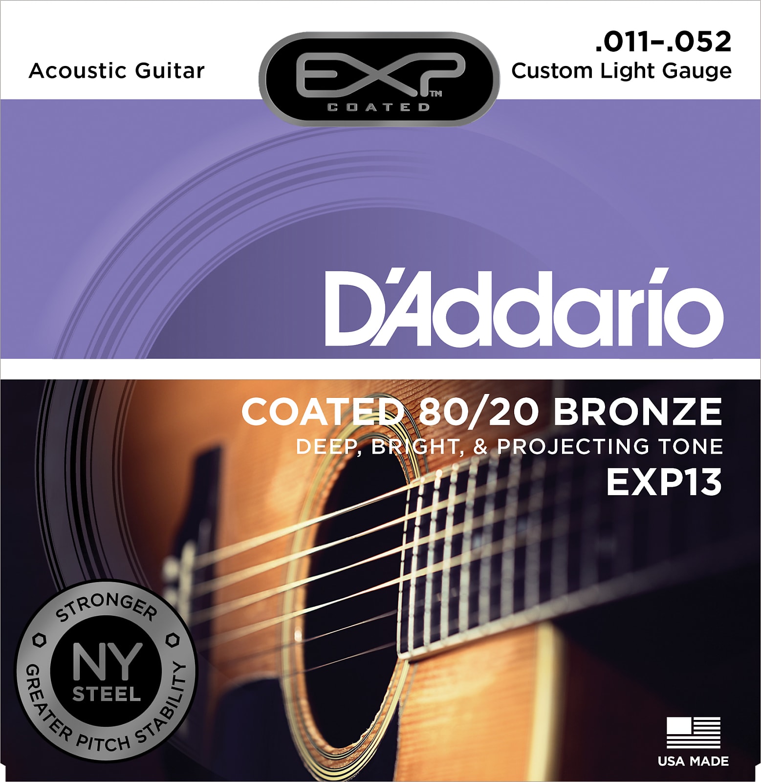 D'Addario EXP13 Coated 80/20 Bronze Acoustic Guitar Strings, Custom Light, 11-5