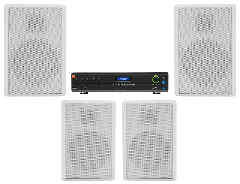 JBL Commercial Amplifier+(4) Slim White Wall Speakers for Restaurant/Bar/Cafe  			