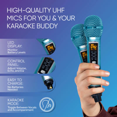 MASINGO Karaoke Machine for Adults and Kids with 2 UHF Wireless Microphones, Portable Bluetooth Singing Speaker, Colorful LED Lights, PA System, Lyrics Display Holder & TV Cable - Presto G2 Turquoise image 2