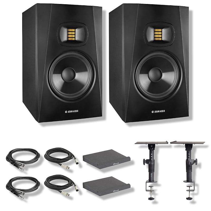 Adam Audio T7V Studio Monitor (Pair) with Frameworks Isolation Pads, Hosa Interconnect Cables, XLR Cables and Clamp-On Studio Monitor Stands image 1