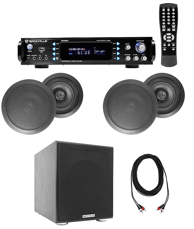 (4) 6.5&quot; Black Ceiling Speaker+Bluetooth Receiver+Subwoofer 4 Restaurant/Office  			