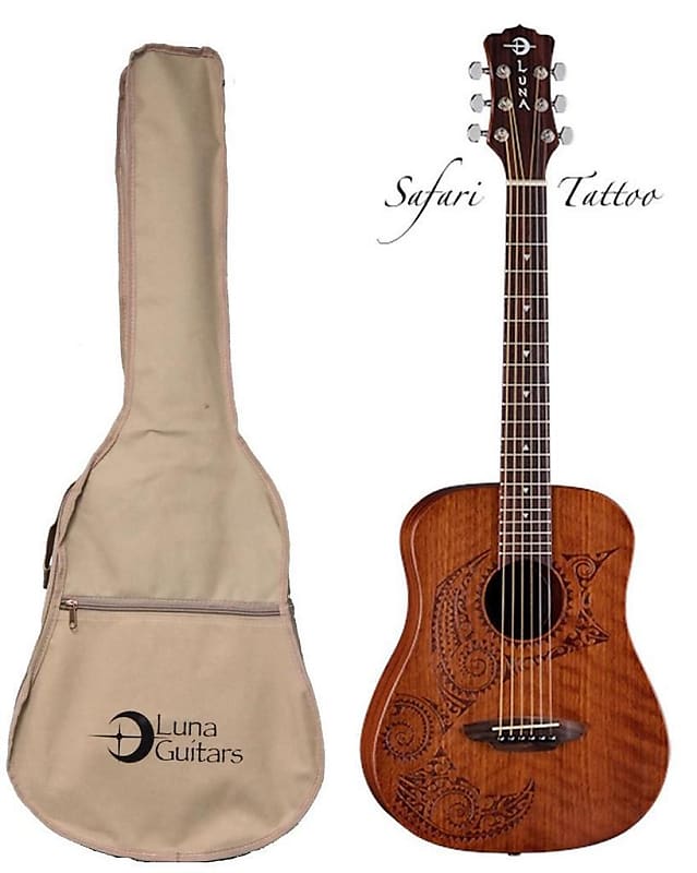 Luna Safari Series Tattoo Travel-Size Dreadnought Acoustic Guitar, SAF TATTOO image 1