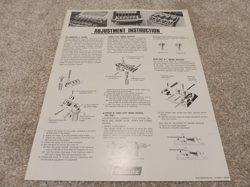 Vintage 1983 Ibanez Bridge Adjustment Instruction Sheet! Reverb