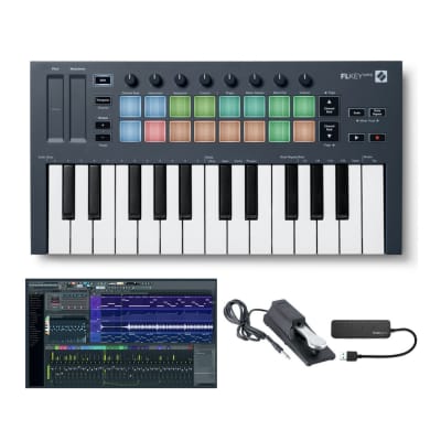 Novation FLkey Mini 25-Key MIDI Keyboard Controller for FL Studio with FL Studio 20 Fruity Edition Software (Boxed), Keyboard Piano Style Sustain Pedal (Black) and 4-Port USB 3.0 Hub Bundle