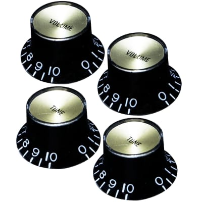 NEW Set 4 Bell Top Hat Knobs Gibson® Style BLACK Gold Plate METRIC Tone Volume