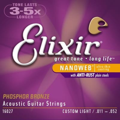 Elixir 16027 Nanoweb Phosphor Bronze Custom Light Acoustic Guitar Strings (11-52) image 1