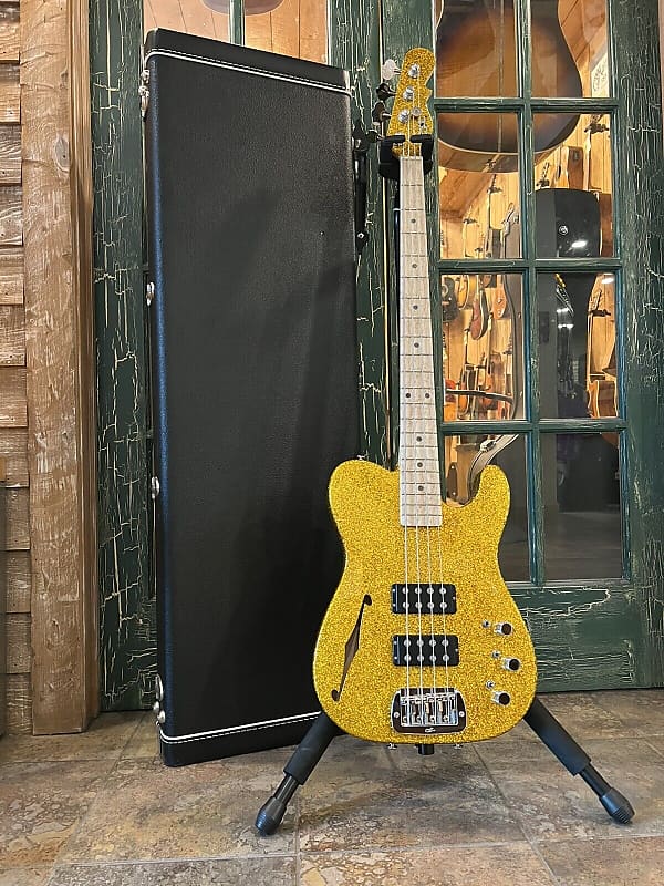 G&L Asat Semi Hollow 4 String Bass Guitar Gold Sparkle w/ Reverb