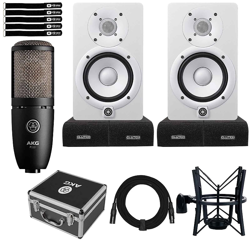 Yamaha HS5W 5" Powered Studio Monitor Speakers White Pair w Condenser Microphone image 1