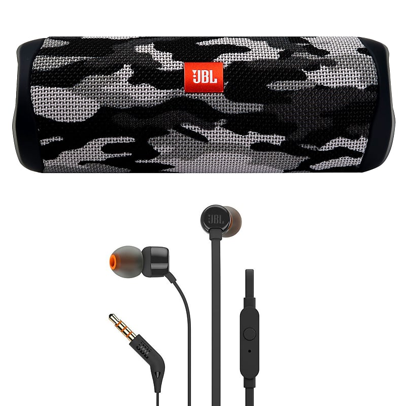 JBL FLIP 5 Waterproof Bluetooth Speaker (Camouflage) + JBL T110 in Ear  Headphones