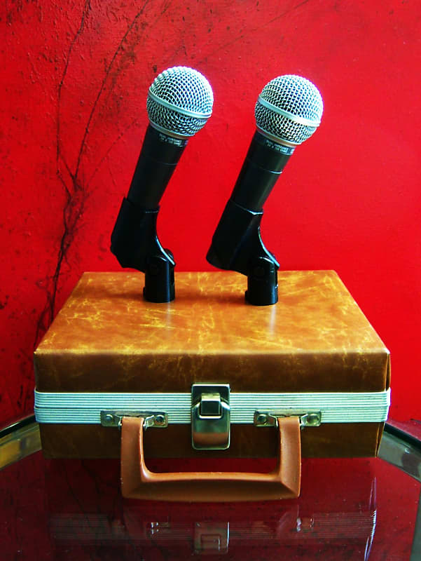Two vintage American 1980's Shure SM58 Handheld Cardioid Dynamic Microphones Low Z w accessories image 1