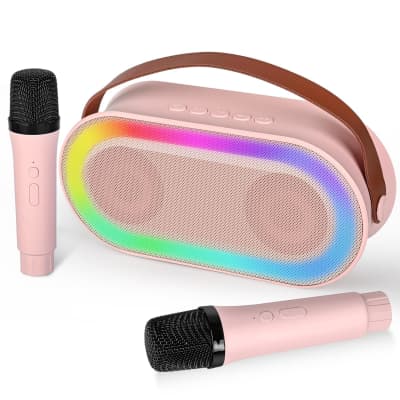 Mini Karaoke Machine, Portable Bluetooth Speaker Set With 2 Wireless Microphone For Kids And Adults With Led Lights, Gifts For Girls And Boys Birthday Family Party Singing (Pink) image 1