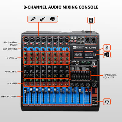 Audio Mixer, 8 channels with 256 DSP Effects, 7-band EQ,Independent 48V Phantom Power&Mute Button,Bluetooth Function,USB Interface Recording For Studio & Stage (AE80) image 2