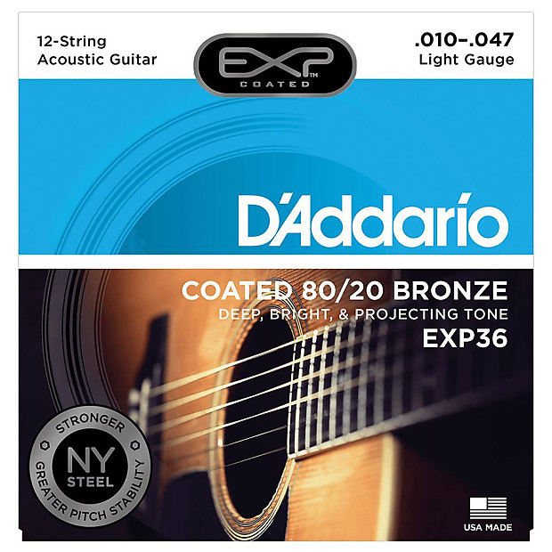 D'Addario EXP36 Coated 80/20 Bronze 12-String Acoustic Guitar Strings Light 10-47 image 1