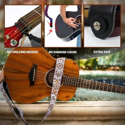  Guitar Strap For Acoustic Guitar , Electric Guitar and Bass  Guitar, Adjustable Gold Brown Guitar Strap W/ FREE BONUS 2 Picks + Strap  Locks + Strap Button. Best Gift For Men