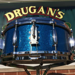 1959/60 Gretsch Round Badge Broadkaster Name-Band Drum Set - Blue Glass Glitter 22/13/16/5x14 Snare image 13