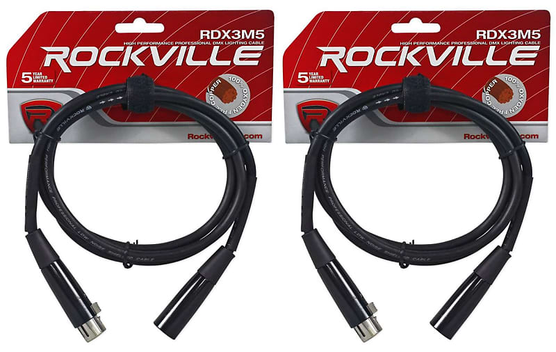 (2) Rockville RDX3M5 5 Foot 3 Pin DMX Lighting Cables 100% Copper Female to Male image 1