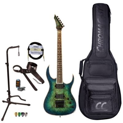 BC Rich Guitars Shredzilla Prophecy Archtop Electric Guitar with EverTune, Case, Strap, and Stand, Cyan Blue Burl image 1