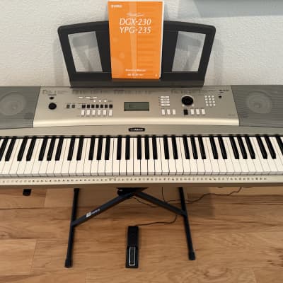 Yamaha DGX230 Portable Keyboard 2010s - Silver - with Stand & Roland Sustain Pedal