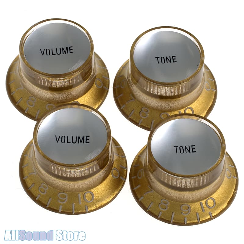 (4) GOLD Bell Top Hat Knobs w/ EMBOSSED Digits & Silver Reverb