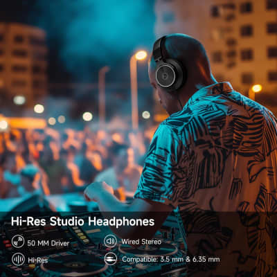 Wired Over Ear Headphones, Studio Monitor & Mixing DJ Headphones with 50mm Neodymium Drivers and 1/4 to 3.5mm Jack for Guitar AMP Podcast Piano Keyboard (Black) image 2