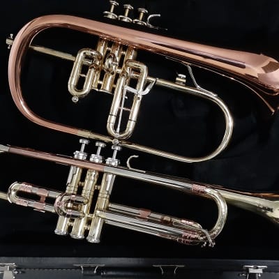 Blessing Flugelhorn & GETZEN Super Deluxe Trumpet W Combo Case & MP's - Clear Lacquer / Raw Brass image 1