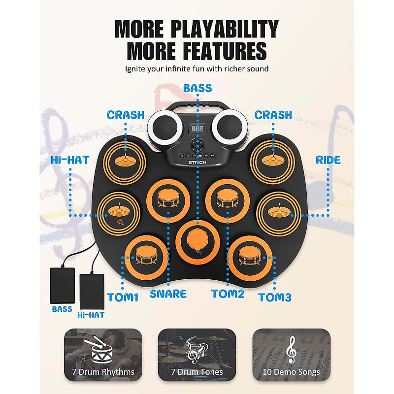 Electronic Drum Set 9 Pads, Electric Drum Roll-Up Practice Pad