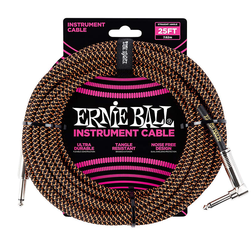 Ernie Ball 25FT Right Angle Braided Instrument Cable Neon Orange / Black w/ Free Same Day Shipping! image 1