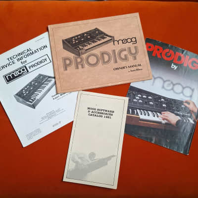 Moog Prodigy Manual + Service Manual, 1981 Moog Catalog, Folder