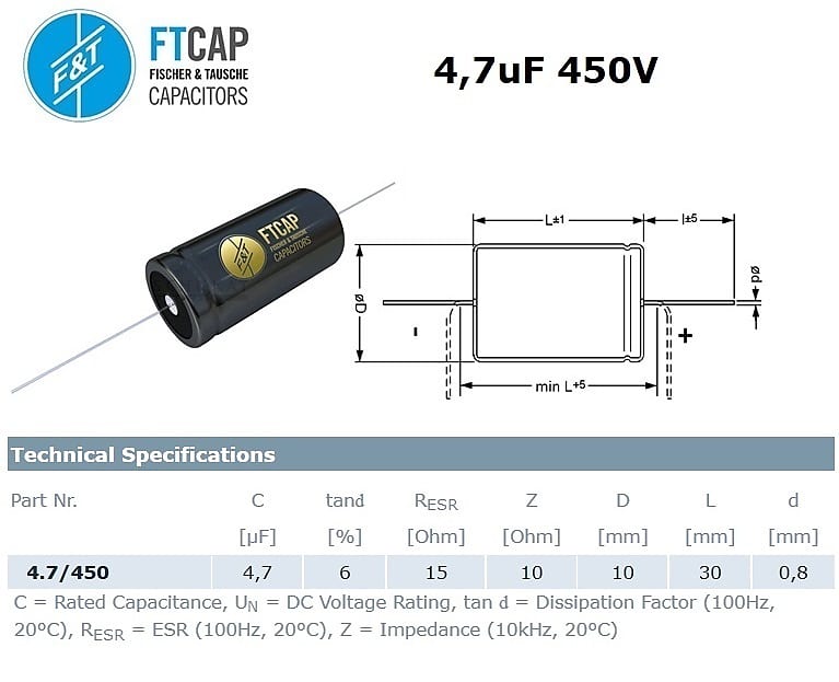 F&T 4,7uF 450V, axial electrolytic capacitor, A4,745010030 - Black image 1