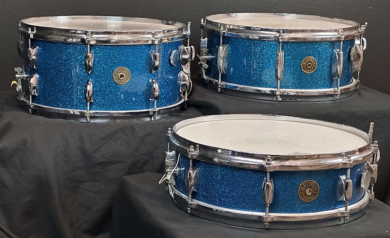 Gretsch Round Badge Blue Sparkle snare drum trio 4x14, 5.5x14, 6.5x14 image 1