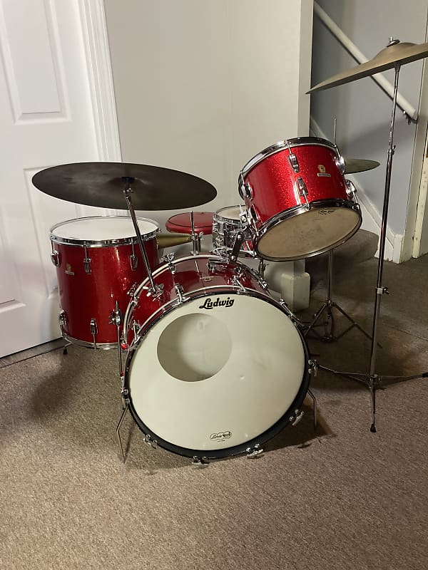 Ludwig No. 980 Super Classic Outfit 9x13 / 16x16 / 14x22" Drum Set with Keystone Badges 1967 - Red Sparkle W/ matching Supra-Phonic 400 5x14” snare W/ all original hardware in boxes image 1