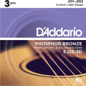 D'Addario EJ26-3D Phosphor Bronze Acoustic Guitar Strings 3-Pack, Custom Light Gauge