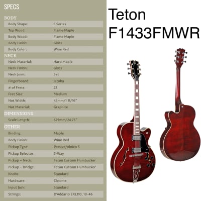 Teton F1433FMWR  Hollow Body Electric Guitar & Hard Case Flame Maple Wine Red image 9